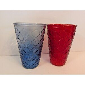 Set Of 2 Vintage Blue & Red Embossed Pattern Drinking Glasses 16 Oz Each
